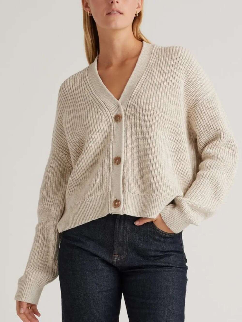 Quince Cream Ribbed V-Neck Button-Front Cardigan
